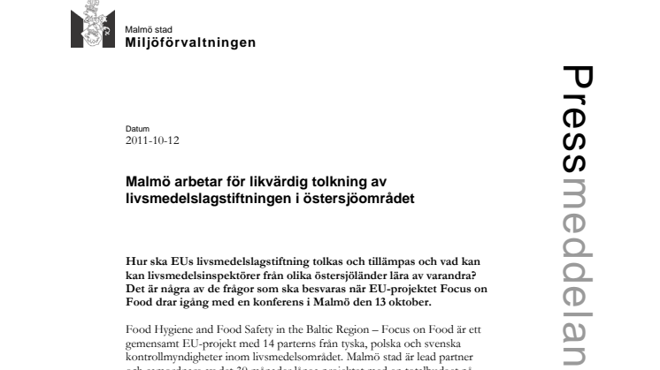 Malmö arbetar för likvärdig tolkning av livsmedelslagstiftningen i Östersjöområdet