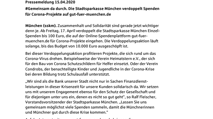 Die Stadtsparkasse München verdoppelt Spenden für Corona-Projekte auf gut-fuer-muenchen.de