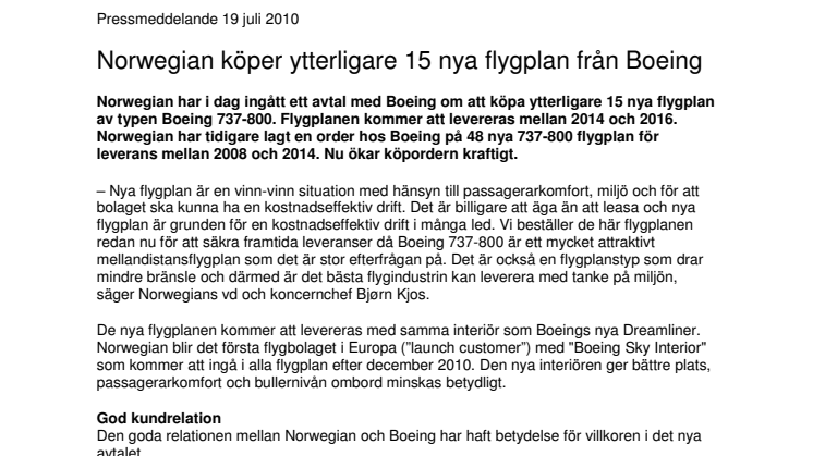 Norwegian köper ytterligare 15 nya flygplan från Boeing
