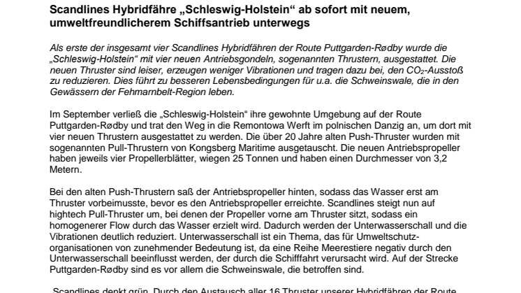 Scandlines Hybridfähre „Schleswig-Holstein“ ab sofort mit neuem, umweltfreundlicherem Schiffsantrieb unterwegs