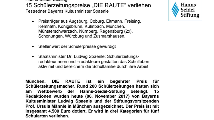 15 Schülerzeitungspreise „DIE RAUTE“ verliehen - Festredner Bayerns Kultusminister Spaenle