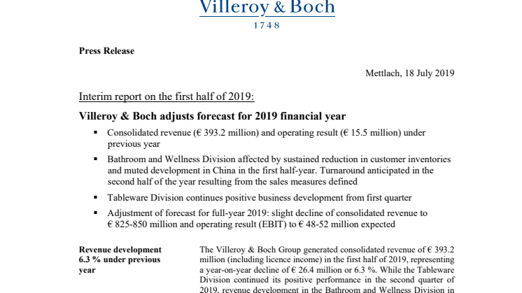 Interim report on the first half of 2019: Villeroy & Boch adjusts forecast for 2019 financial year 