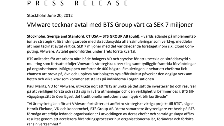 VMware tecknar avtal med BTS Group värt ca SEK 7 miljoner