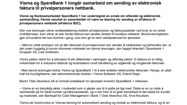 Visma og SpareBank 1 inngår samarbeid om sending av elektronisk faktura til privatpersoners nettbank