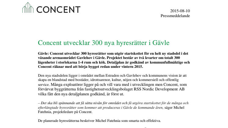Concent utvecklar 300 nya hyresrätter i Gävle