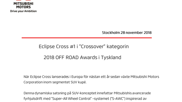 Eclipse Cross #1 i "Crossover" kategorin 2018 OFF ROAD Awards i Tyskland