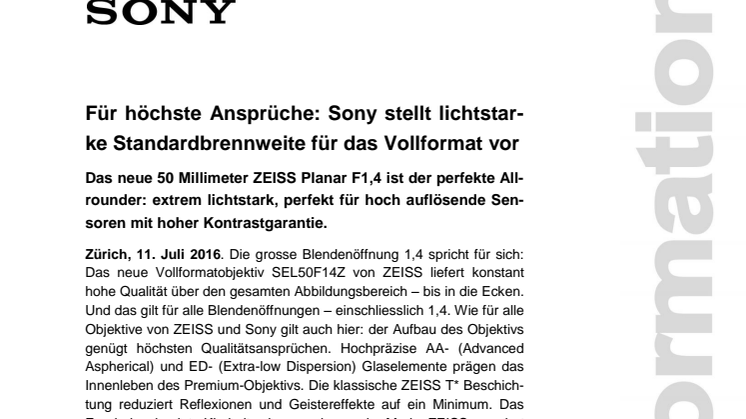 ​Für höchste Ansprüche: Sony stellt lichtstarke Standardbrennweite für das Vollformat vor