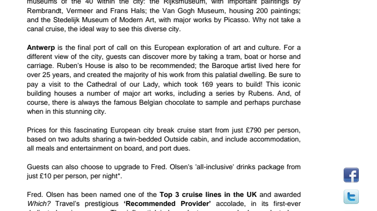 Take an ‘Artistic City Break’ with Fred. Olsen Cruise Lines in Autumn 2014