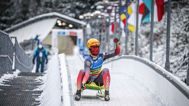 Julia Taubitz bei der Zieleinfahrt am SachsenEnergie-Eiskanal Altenberg. (Foto: FIL Mareks Galinovskis)