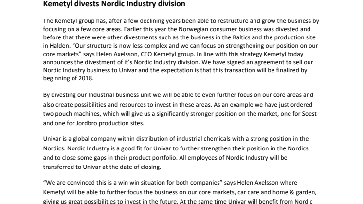 Kemetyl divests Nordic Industry division