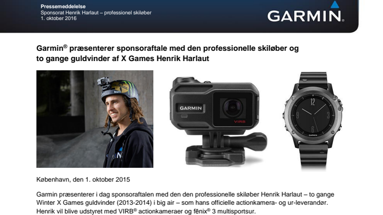 Garmin® præsenterer sponsoraftale med den professionelle skiløber og  to gange guldvinder af X Games Henrik Harlaut