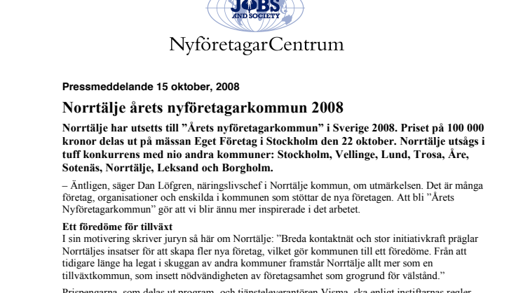 Norrtälje årets nyföretagarkommun 2008 