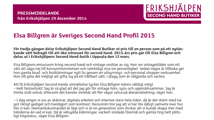Elsa Billgren är Sveriges Second Hand Profil 2015
