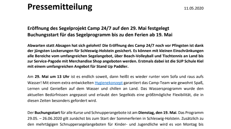 Leinen los! Das Segelprojekt Camp 24/7 in Kiel eröffnet am 29. Mai 2020. 