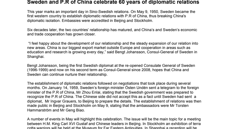 Sweden and P.R of China celebrate 60 years of diplomatic relations
