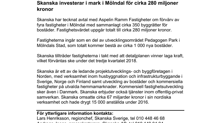 Skanska investerar i mark i Mölndal för cirka 280 miljoner kronor