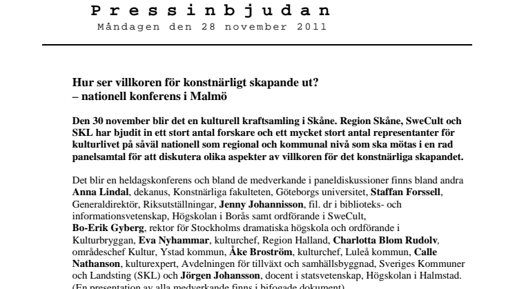 Pressinbjudan. Nationell konferens Villkor för konstnärligt skapande, 2011-11-30