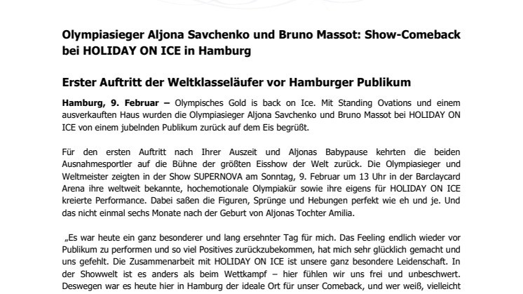  Olympiasieger Aljona Savchenko und Bruno Massot: Show-Comeback bei HOLIDAY ON ICE in Hamburg