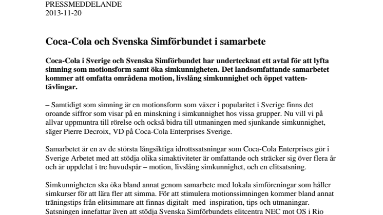 Coca-Cola och Svenska Simförbundet i samarbete