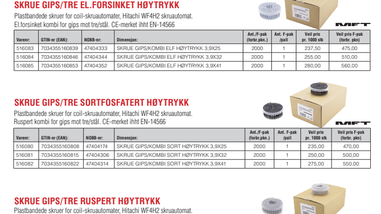 MFT plastbandede skruer for coil-skruautomater (for Hitachi WF4H2)