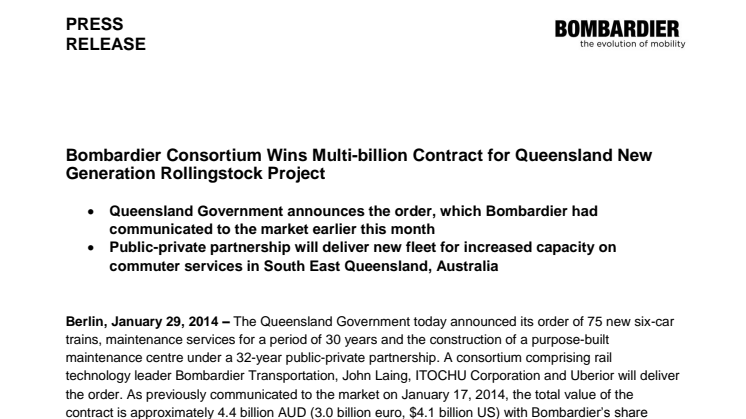 Mångmiljardaffär för Bombardier i Australien