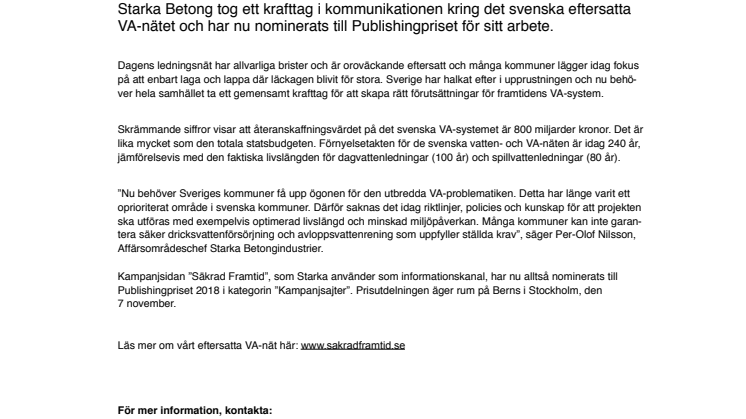 Starka har nominerats till Publishingpriset för sitt informationsarbete kring Sveriges eftersatta VA-nät