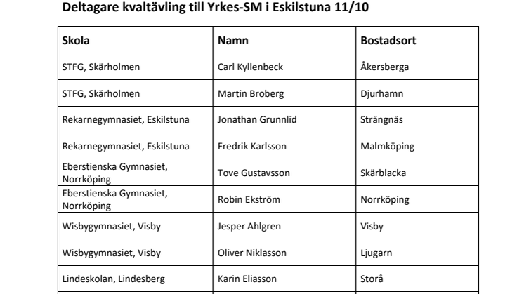 Deltagare i Kvaltävlingen till Yrkes-SM i Eskilstuna