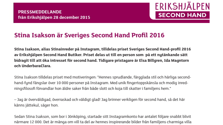 Stina Isakson är Sveriges Second Hand Profil 2016
