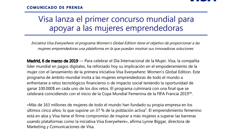 Visa lanza el primer concurso mundial para apoyar a las mujeres emprendedoras