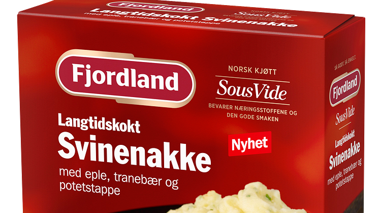 Fjordland langtidskokt svinenakke med eple, tranebær og potetstappe.