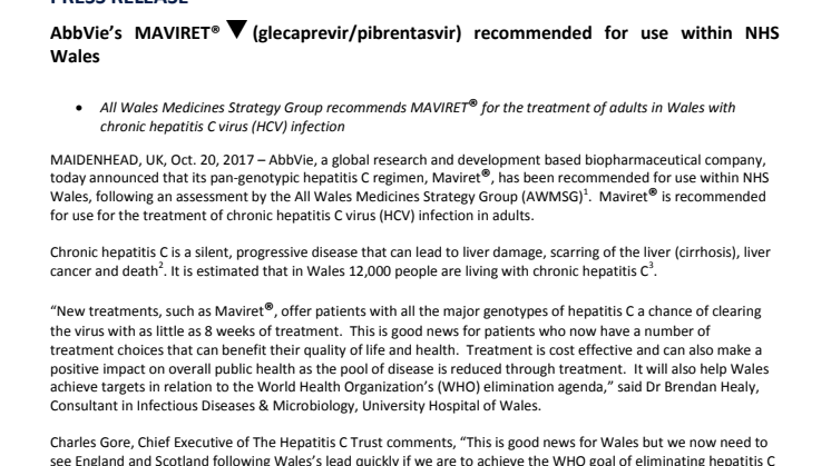 AbbVie’s MAVIRET® (glecaprevir/pibrentasvir) recommended for use within NHS Wales