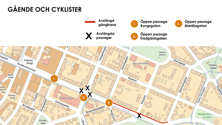 Karta Rudbecksgatan: gående och cyklister
