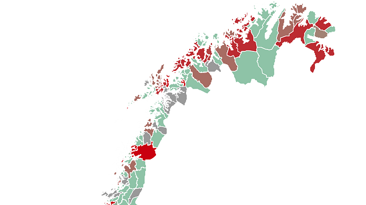 Slik beskriver kommunene sin situasjon. Jo rødere farge, jo større rekrutteringsproblemer. Grafikk: Anne-Lene Molland/Legeforeningen