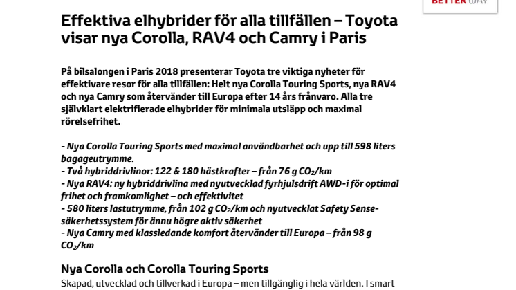 Effektiva elhybrider för alla tillfällen – Toyota visar nya Corolla, RAV4 och Camry i Paris