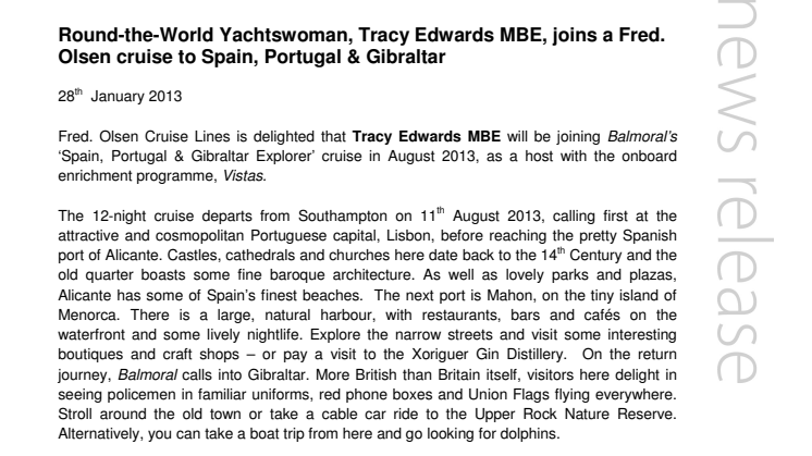Round-the-World Yachtswoman, Tracy Edwards MBE, joins a Fred. Olsen cruise to  Spain, Portugal & Gibraltar