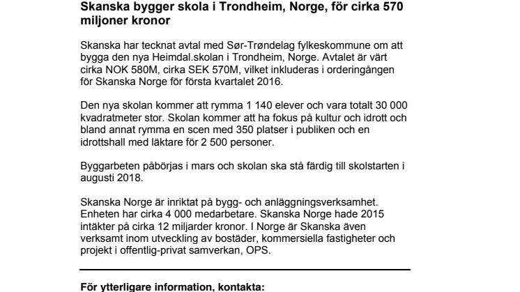 Skanska bygger skola i Trondheim, Norge, för cirka 570 miljoner kronor
