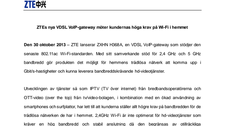 ZTEs nya VDSL VoIP-gateway möter kundernas höga krav på Wi-Fi i hemmet
