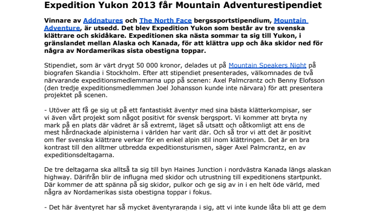 Expedition Yukon 2013 får Mountain Adventurestipendiet