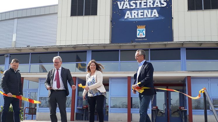 Jan-Erik Lahti, Anders Teljebäck, Vicki Skure-Eriksson och Thomas Högström vid namngivningsceremonin för Västerås Arena onsdagen den 8 april 2020. Foto: Stefan Tielinen, Västerås stad