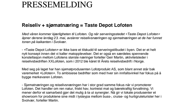 Reiseliv + sjømatnæring = Taste Depot Lofoten