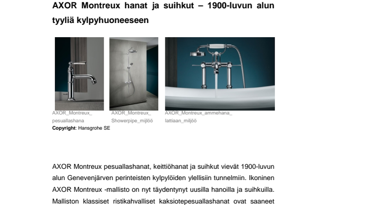 Klassista eleganssia kylpyhuoneeseen ja keittiöön. AXOR Montreux uutuudet esittelyssä Habitare-messuilla.