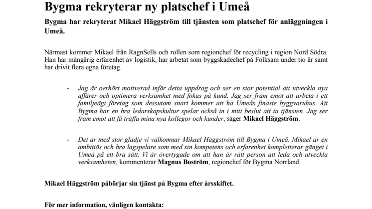 Bygma rekryterar ny platschef i Umeå