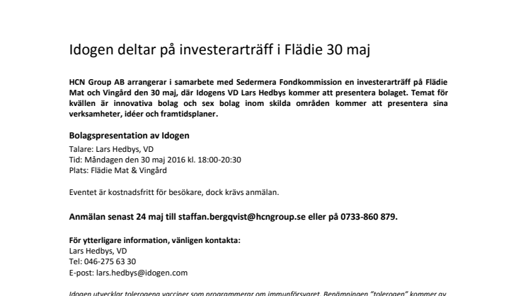 Idogen deltar på investerarträff i Flädie 30 maj