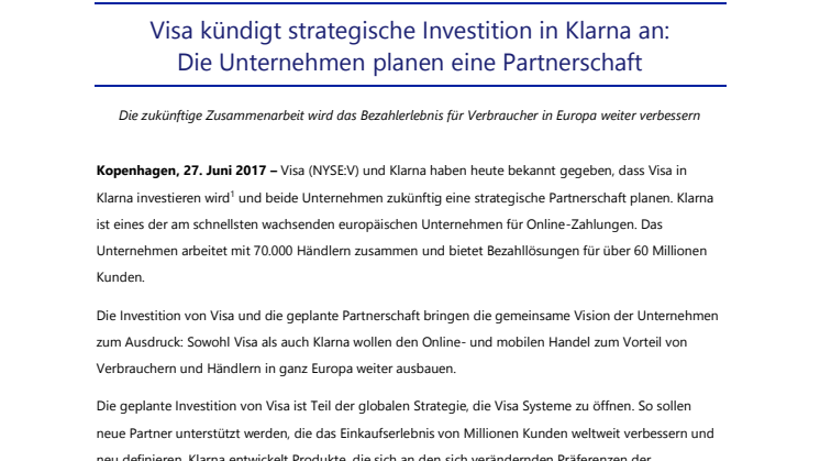 Visa kündigt strategische Investition in Klarna an: Die Unternehmen planen eine Partnerschaft