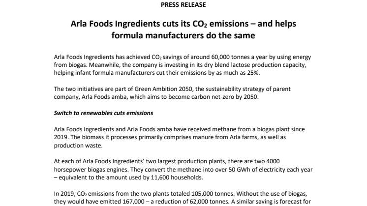 Arla Foods Ingredients cuts its CO2 emissions – and helps formula manufacturers do the same