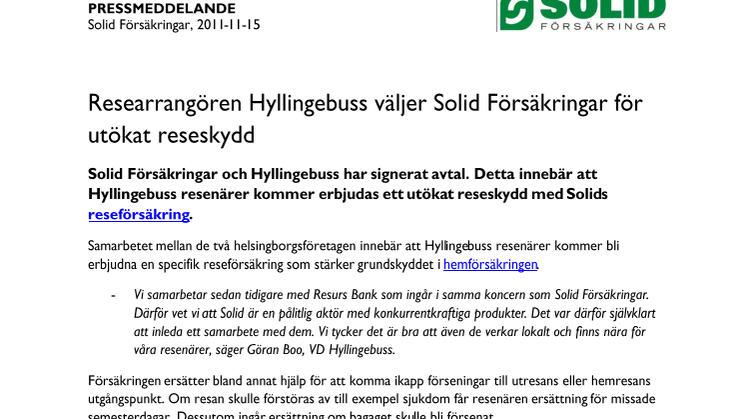 Researrangören Hyllingebuss väljer Solid Försäkringar för utökat reseskydd
