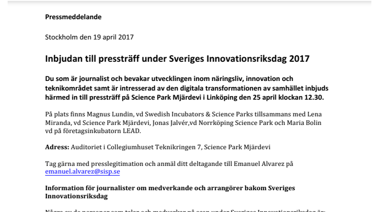 Inbjudan till pressträff under Sveriges Innovationsriksdag 2017