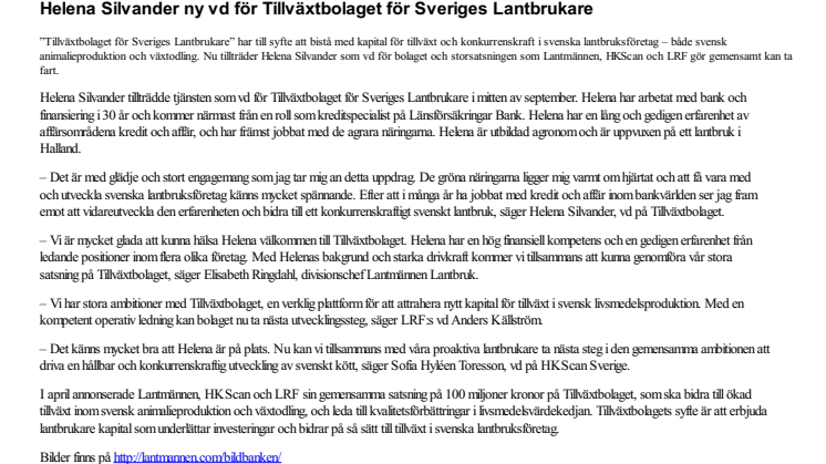 Helena Silvander ny vd för Tillväxtbolaget för Sveriges Lantbrukare