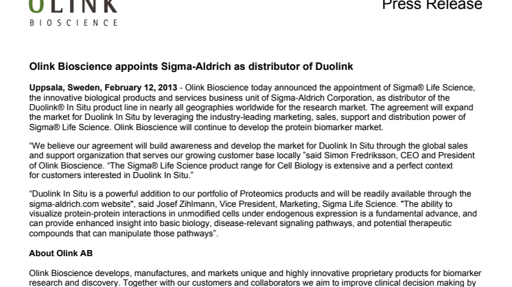 Olink Bioscience appoints Sigma-Aldrich as distributor of Duolink
