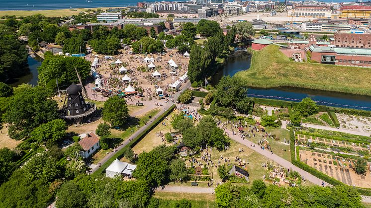 Drönarbild från Malmö Garden Show när det arrangerades sommaren 2018. Foto: Magnus Franzén